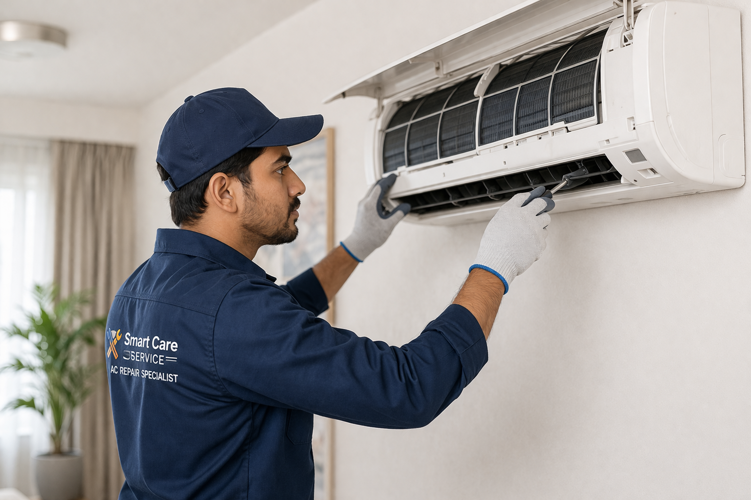 Indian AC technician servicing air conditioner